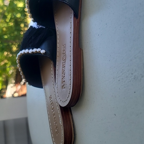 Mystique Women's Shoes Sz 7 Black Flat Leather Sandal Fringe White Swarovski - Picture 5 of 9